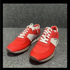 New Michael Kors Allie Trainer Sneakers coral reef  silver logo satin saffiano